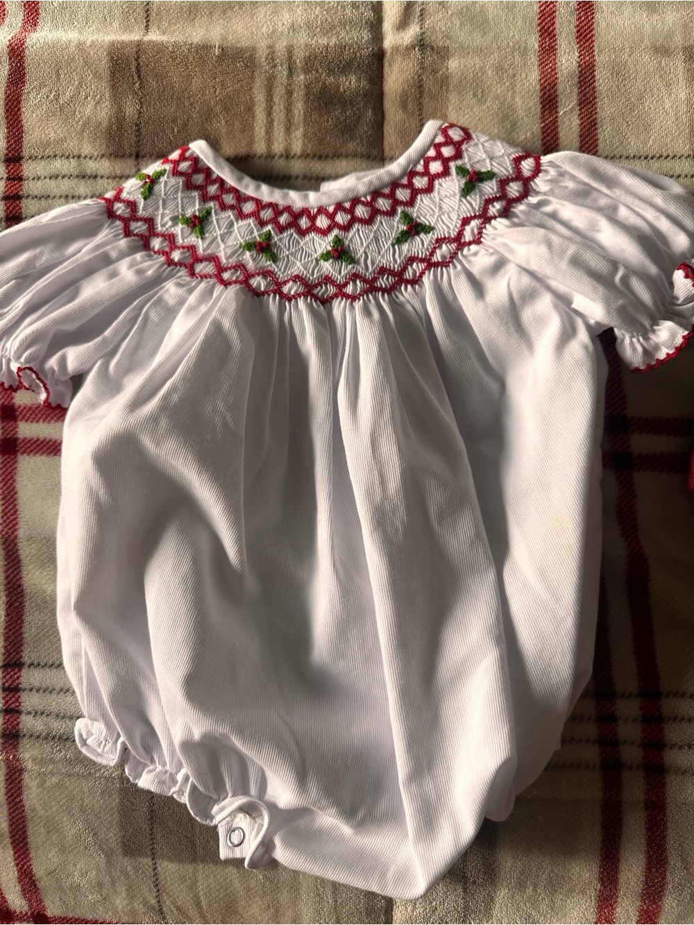 Smockingbird Christmas White Baby Smocked Romper with Red & Green Embroidery